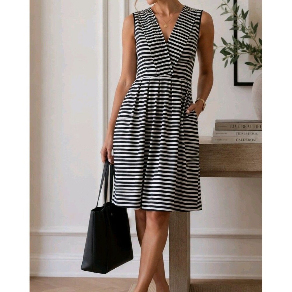 Marvin Richards Black White Striped Sleeveless Dress Pockets Size 12 Office Wear